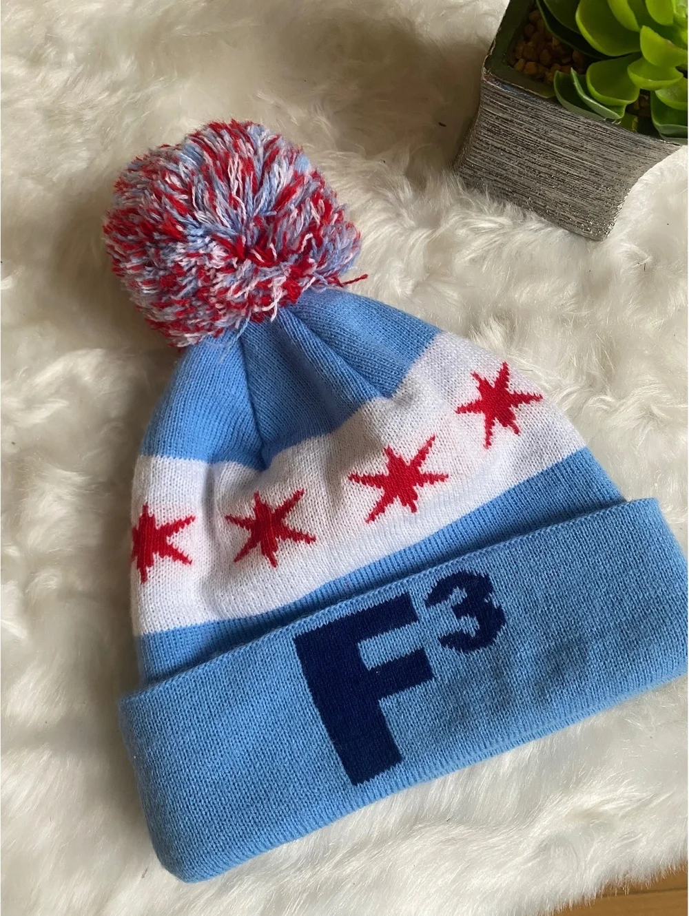 F3 Blue Knit Pom Pom Winter Beanie Hat with Red Stars